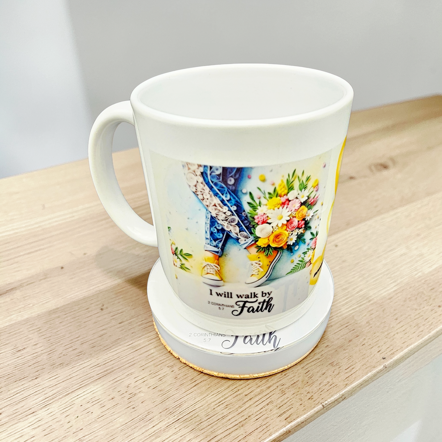 Quilled Art Faith Mug and Resin Coaster Gift Set | I Will Walk by Faith | 2 Corinthians 5:7 Gift