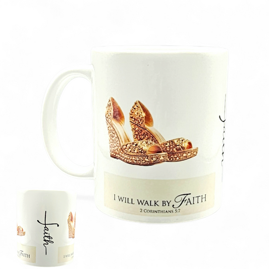 I Will Walk By Faith Mug, Christian Mugs, High Heel, Jewel Flip Flops