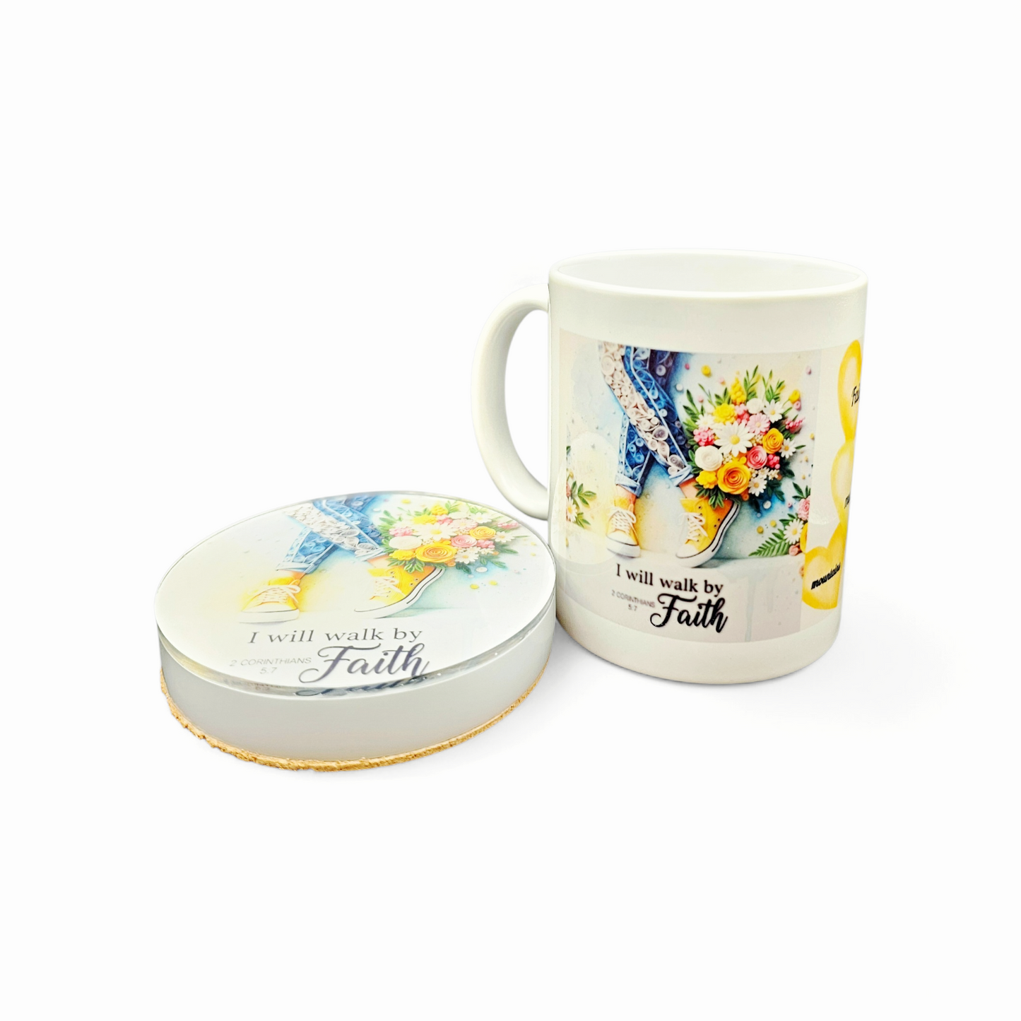 Quilled Art Faith Mug and Resin Coaster Gift Set | I Will Walk by Faith | 2 Corinthians 5:7 Gift