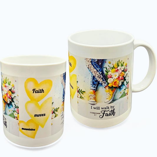 Quilled Art Faith Mug and Resin Coaster Gift Set | I Will Walk by Faith | 2 Corinthians 5:7 Gift