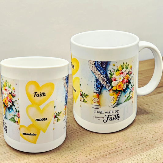 Quilled Art Faith Mug and Resin Coaster Gift Set | I Will Walk by Faith | 2 Corinthians 5:7 Gift